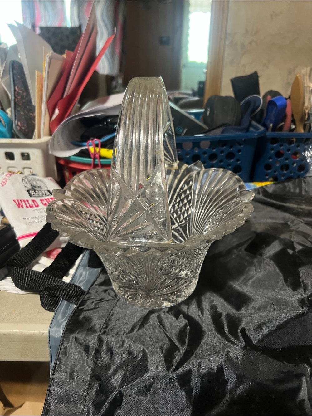 Vibtage Pressed Glass Basket with Handle - Clear Crystal Look